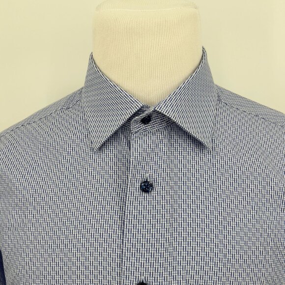 David Donahue Men's Trim Fit Blue Checkered Cotton Dress Shirt 17.5 - Picture 1 of 8